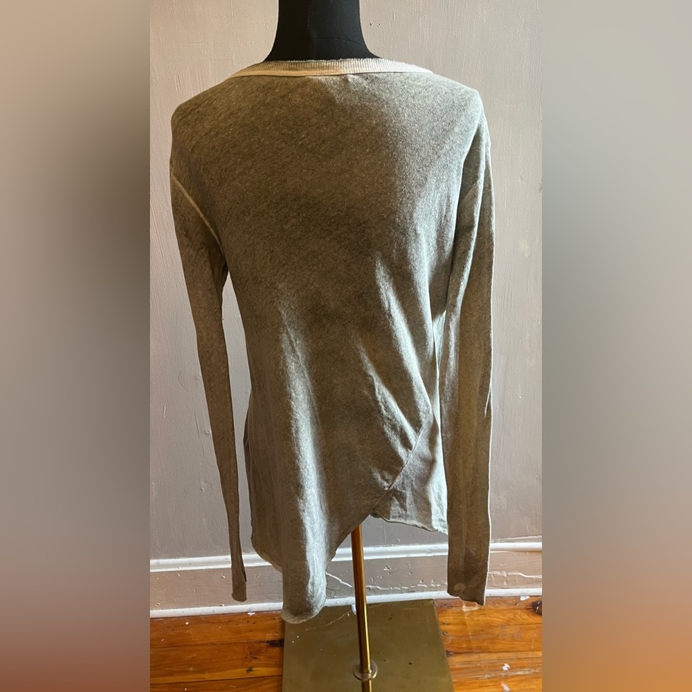 Free People Long Beach Pullover Asymmetrical Distressed Wash Olive T Shirt (S) - Picture 7 of 9